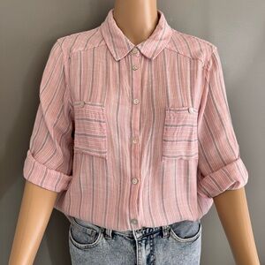 Vintage Grenier Stripes Minimalist Pink 3/4 Sleeves Button Down Shirt Large